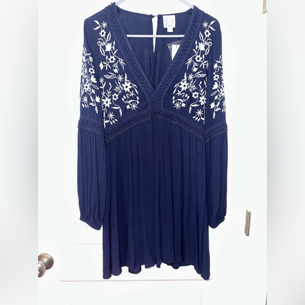Blue Rain Navy Floral Embroidered long Sleeve Dress